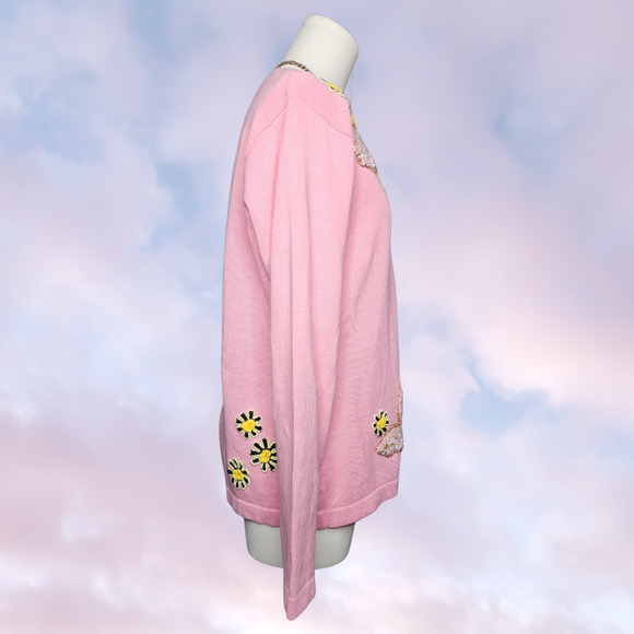 Vtg 80 90s Storybook Knit Pink Yellow Butterfly Flower Coquette Spring Sweater M - Picture 4 of 7